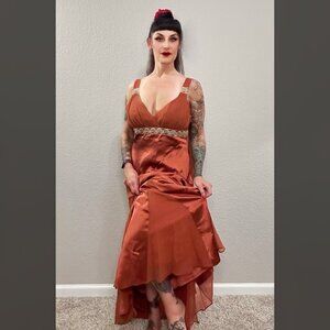 90s Vintage Bronze Silk Chiffon Halter Dress Art Deco Formal Maxi Retro 30s 10